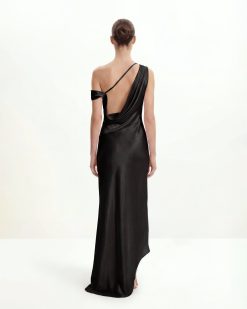 Alternative view of Satin Draped One-Shoulder Asymmetric Dress - Black