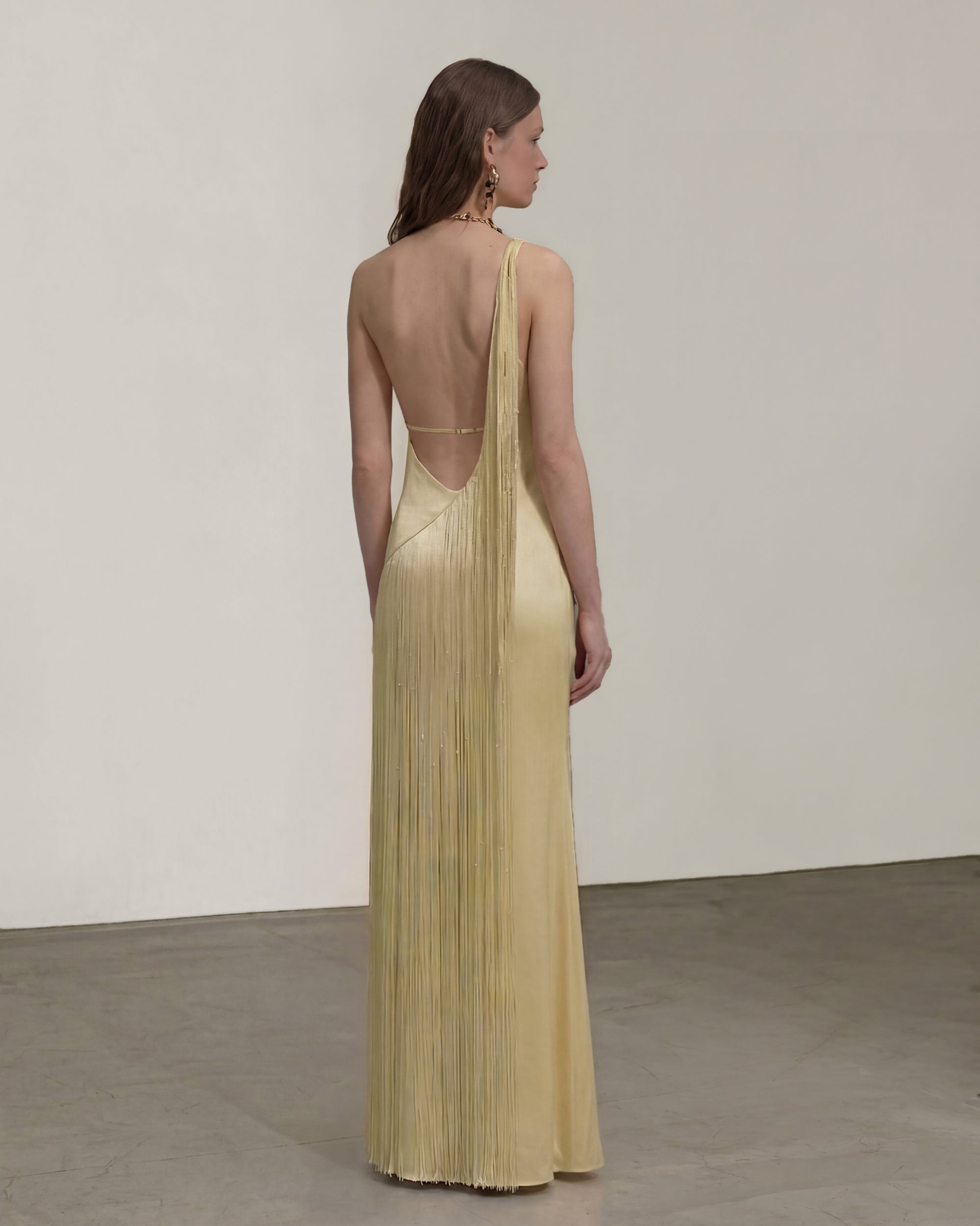 Fringe One Shoulder Maxi Dress - Champagne - Image 2
