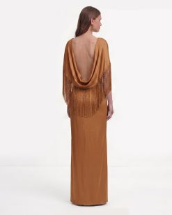 Fringe Cape Satin Maxi Dress - Caramel Brown