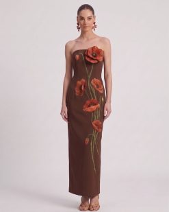 Corn Poppy Floral Strapless Column Maxi Dress - Chocolate Brown