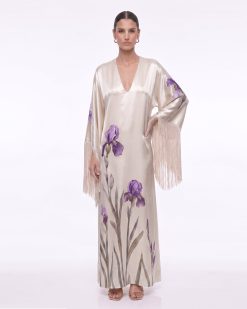 Iris Print Fringe Sleeve V-Neck Maxi Dress - Champagne