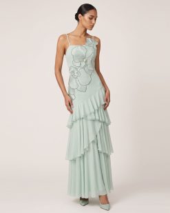 Alternative view of Orchid Embroidered Ruffled One-Shoulder Maxi Dress - Mint Green