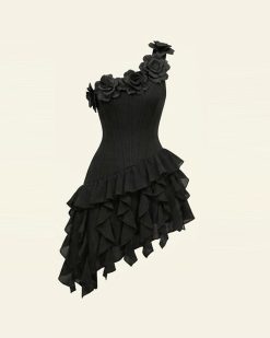 Alternative view of Flower Embroidered One-Shoulder Corset Mini Dress - Black