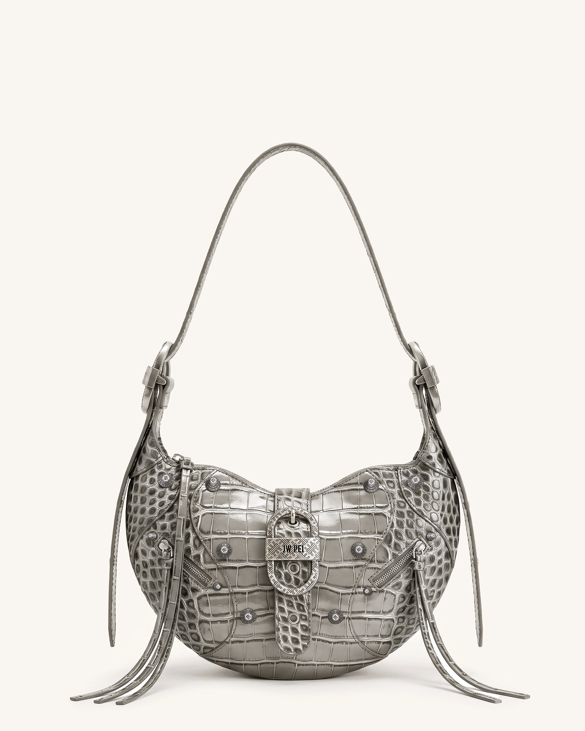 Tessa Studded Shoulder Bag - Cement Grey Croc