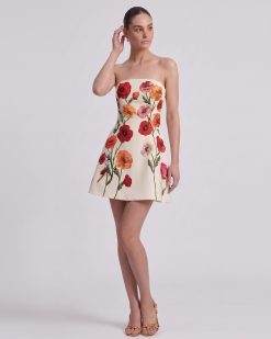 Corn Poppy Floral Strapless A-Line Mini Dress - Ivory