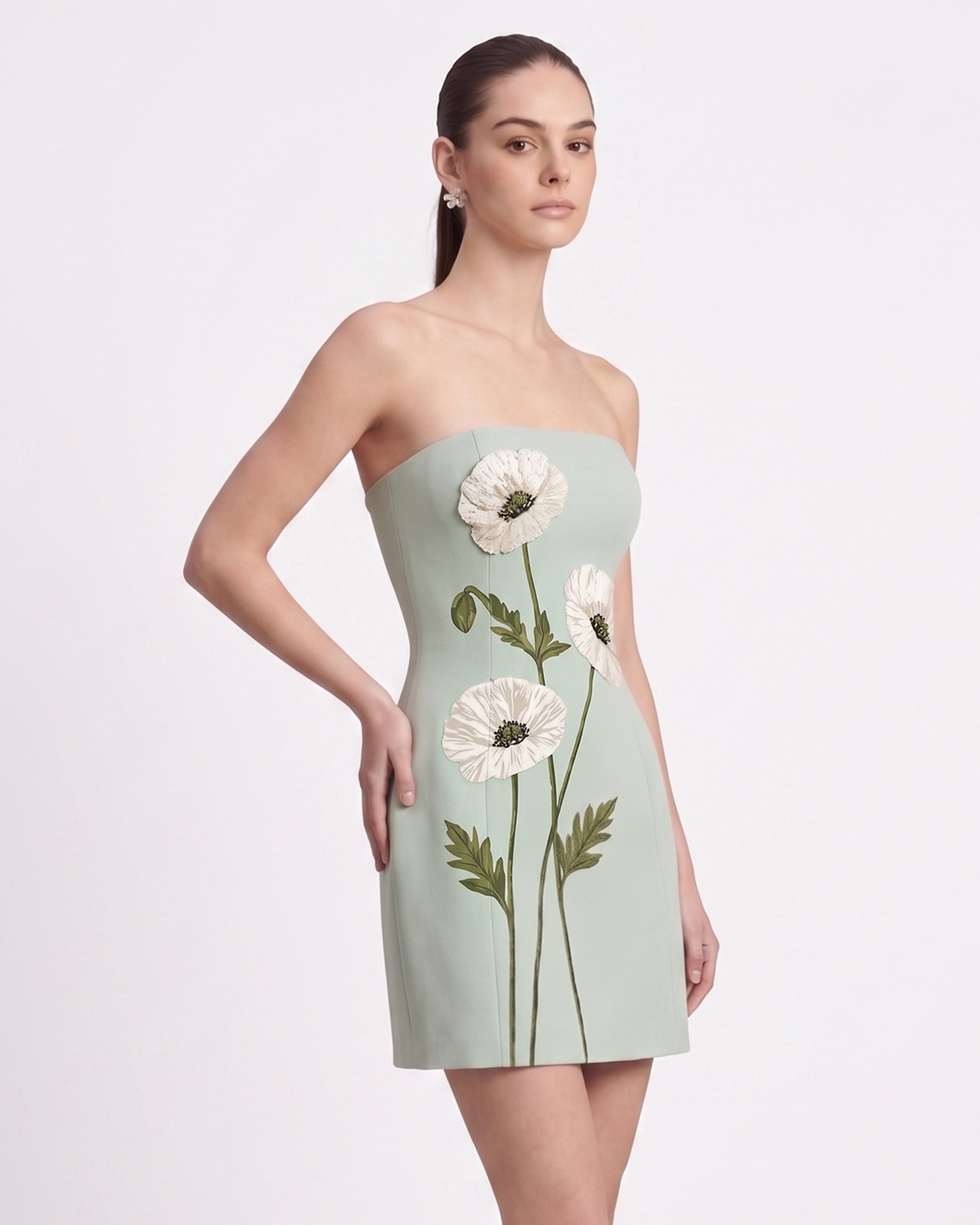 Corn Poppy Floral Strapless Mini Dress - Mint Green