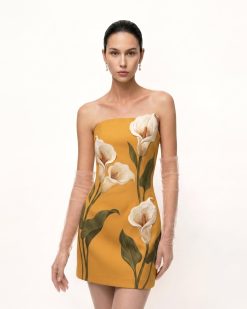 Calla Lily Botanical Strapless Mini Dress - Golden Yellow