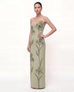Iris Embroidered Notch Neck Strapless Maxi Dress - Sage Green