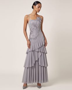 Alternative view of Orchid Embroidered Ruffled One-Shoulder Maxi Dress - Lavender Gray