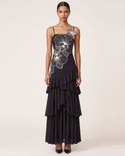 Orchid Embroidered Ruffled One-Shoulder Maxi Dress - Black & White
