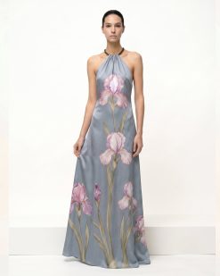 Iris Floral Print Halter Maxi Dress - Dusty Blue